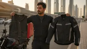Cheap vs premium motorcycle jacket comparison showing durability and protection for daily riders in Dubai
