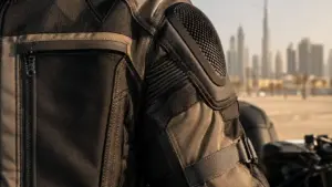 Close-up of durable motorcycle jacket fabric showing strong material and stitching for long-lasting protection in Dubai conditions