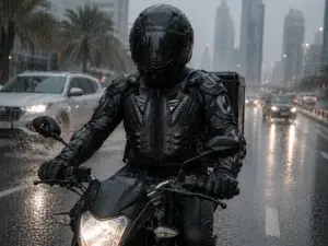 Close-up of motorcycle rider wearing waterproof rain jacket with raindrops during heavy rain ride