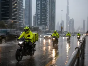 Delivery motorcycle riders wearing high-visibility rain jackets riding in heavy rain on a busy Dubai road with traffic