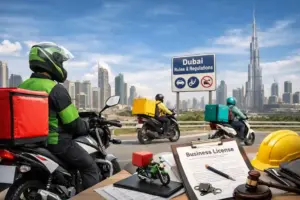Delivery riders in Dubai skyline scene