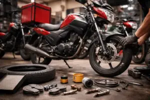 Mechanic servicing delivery motorcycle in workshop