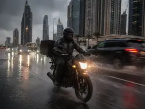 Motorcycle rider wearing high-visibility waterproof rain jacket riding in heavy rain on Dubai road