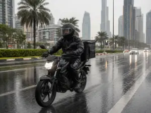 Motorcycle rider wearing waterproof jacket riding comfortably in rainy weather on a city road