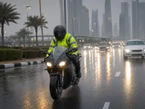 Motorcycle rider wearing waterproof reflective high-visibility jacket riding safely in rain and fog on Dubai road