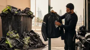Sustainable choice between disposable motorcycle vests and durable jackets showing reduced waste and long-term environmental benefits for riders in Dubai