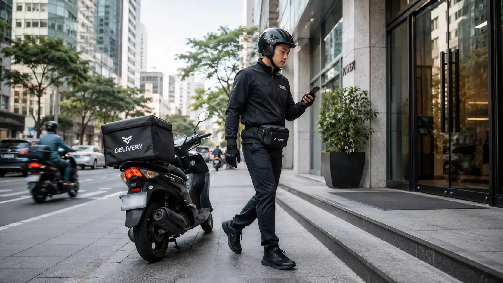 Delivery rider wearing a lightweight waist bag for secure storage and comfortable movement during city deliveries
