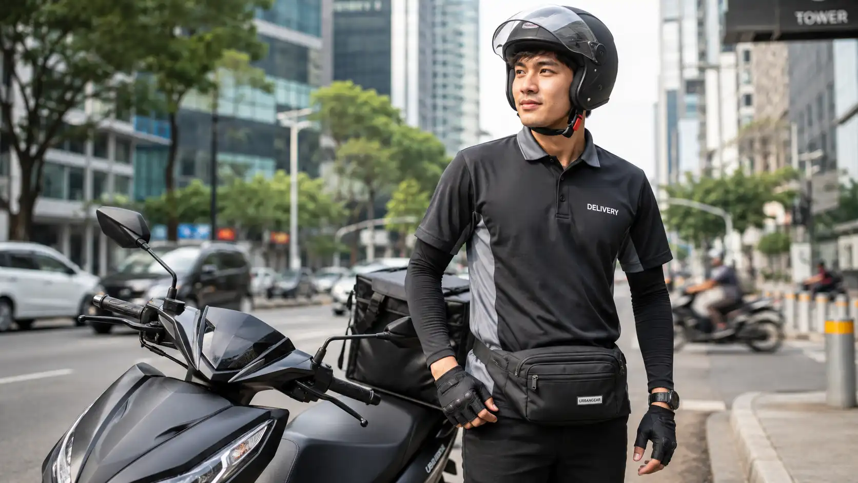 Professional delivery rider wearing a practical waist bag beside a motorbike in a modern city environment